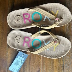 Roxy Beige Flip Flops with Colorful Logo